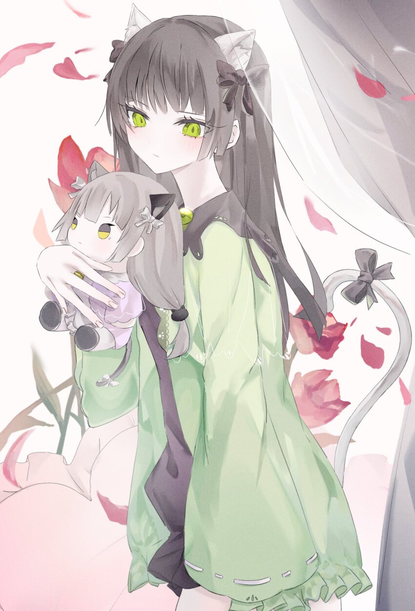 1girl, animal_ears, black_hair, blunt_ends, cat_ears, cat_tail, character_doll, doll, green_eyes, heart, heart-shaped_pillow, heaven_burns_red, highres, holding, holding_doll, long_hair, mts_dsk, natsume_inori, ogasahara_hisame, ogasahara_hisame_(desire_and_reverence), on_bed, pajamas, petals, pillow, ribbon, straight_hair, sword, tail, weapon