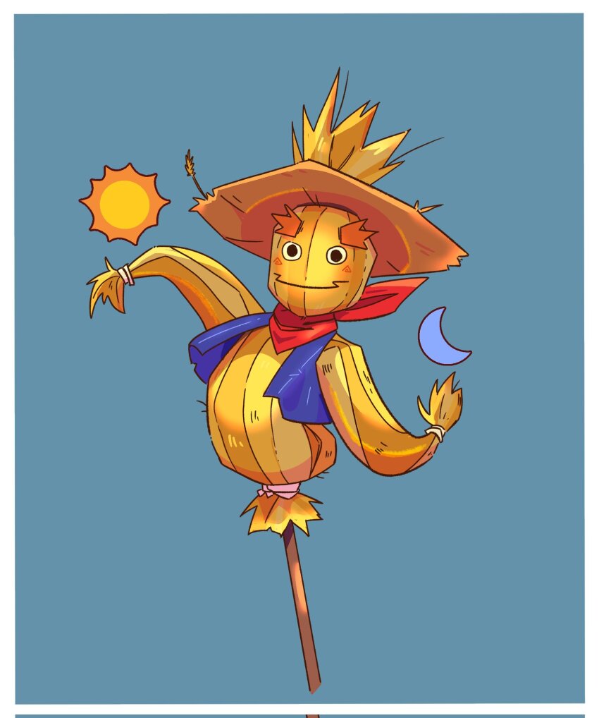 1other, blue_background, blush_stickers, border, full_body, hat, highres, moon, nikiestrong, nintendo, pierre_(zelda), scarecrow, scarf, smile, solo, sun, the_legend_of_zelda, the_legend_of_zelda:_majora's_mask, vest, white_border