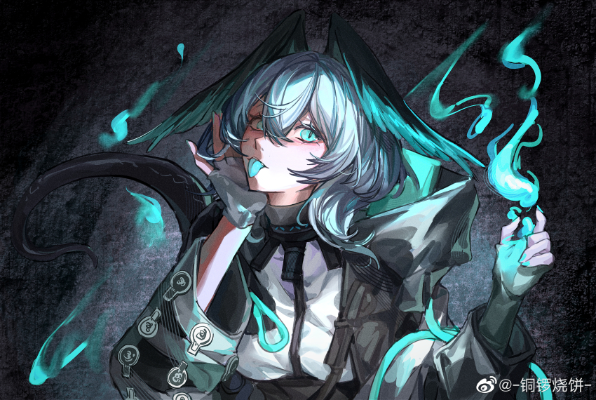 1girl, aqua_eyes, arknights, feathered_wings, feiwusheng, grey_hair, head_wings, highres, ho'olheyak_(arknights), medium_hair, snake_girl, solo, tongue, tongue_out, wings