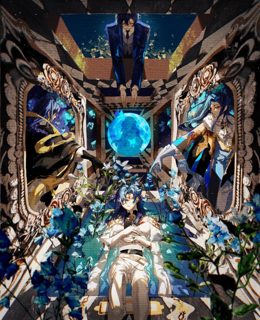 4boys, absurdres, afloat, ascot, bellflower, belt, black_belt, black_cape