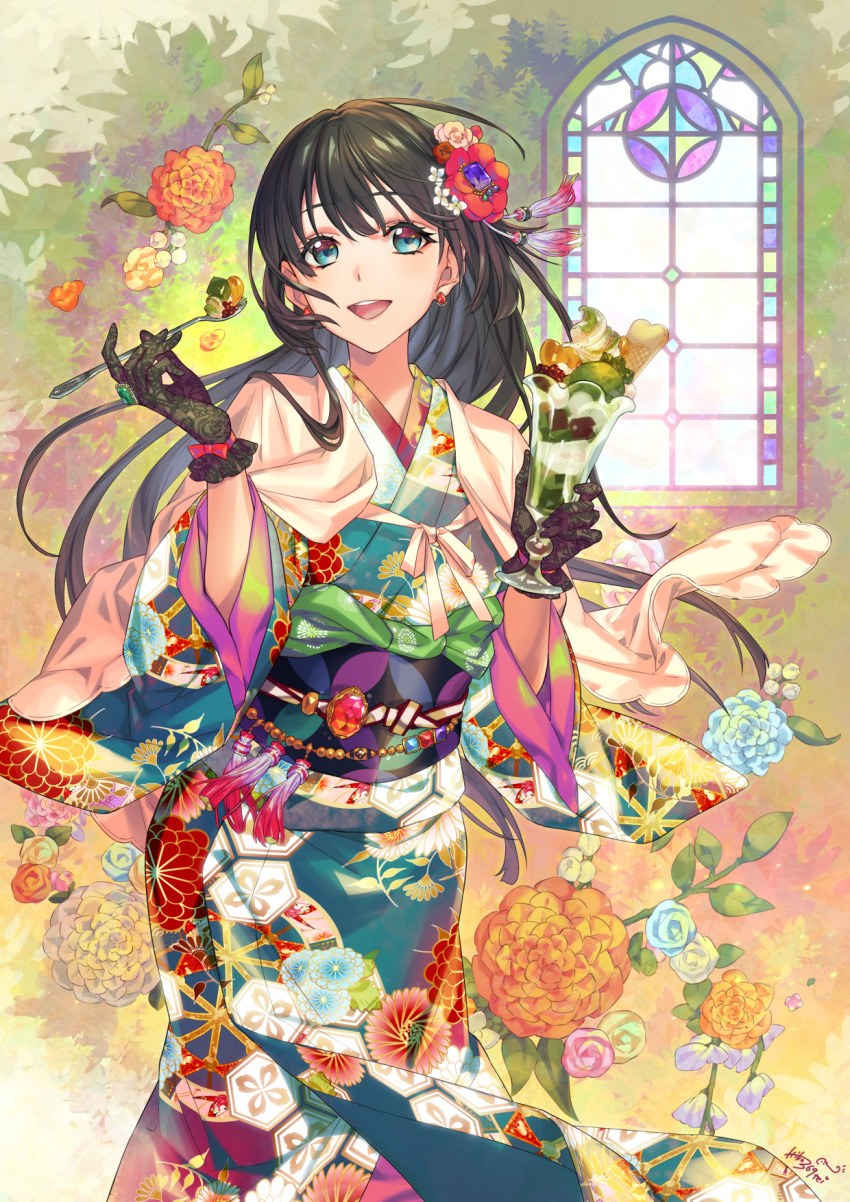 1girl, :d, adzuki_bean, aqua_eyes, aqua_kimono, black_gloves, black_hair, black_sash, blue_flower, capelet, cup, dahlia, earrings, fanged_bangs, feet_out_of_frame, floral_print, flower, food, gem, gloves, gradient_background, green_background, hair_flower, hair_ornament, highres, holding, holding_cup, holding_spoon, ichiko_milk_tei, japanese_clothes, jewelry, kikkoumon, kimono, lace, lace_gloves, long_hair, long_sleeves, looking_at_viewer, matcha_(food), matcha_parfait, multicolored_clothes, obi, obiage, obijime, open_mouth, orange_background, orange_flower, original, parfait, pink_capelet, pink_flower, pink_rose, purple_flower, red_flower, red_gem, rose, sash, smile, solo, spoon, stained_glass, stud_earrings, sweet_pea, tassel, tassel_hair_ornament, wafer, wide_sleeves, window
