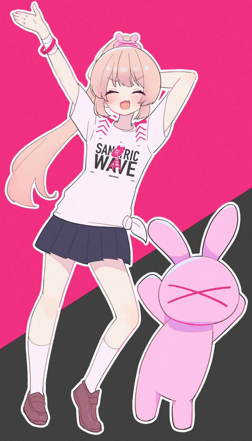 1girl, ^_^, absurdres, bandaged_arm, bandages, black_skirt, brown_footwear, closed_eyes