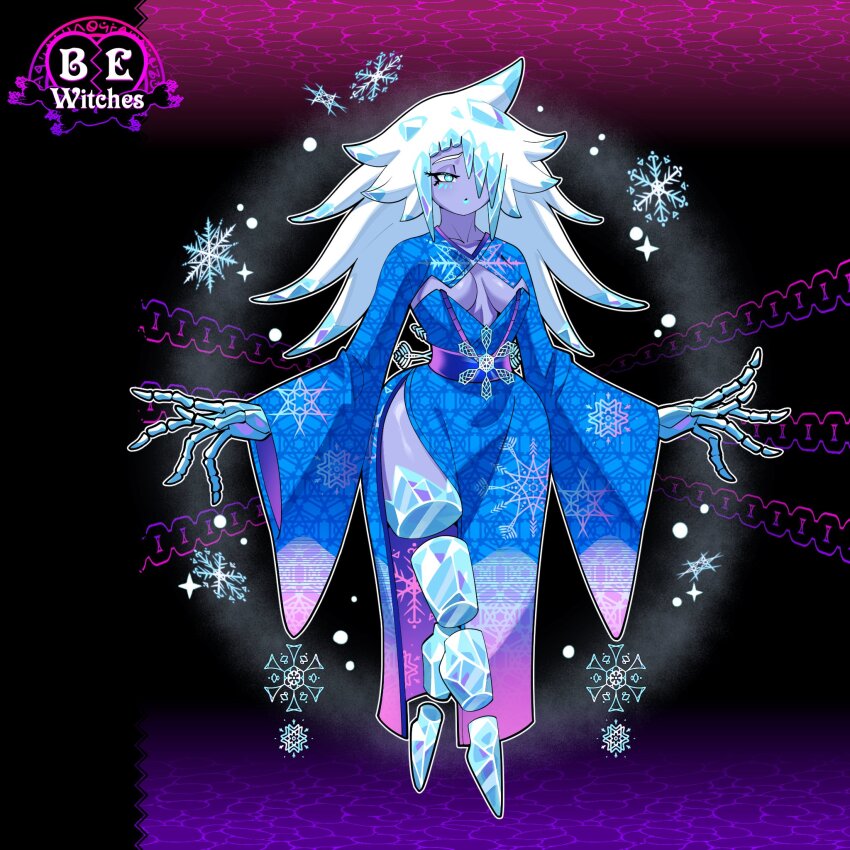 1girl, be_witches, blue_eyes, blue_kimono, blue_lips, blue_shrug, breasts, cleavage