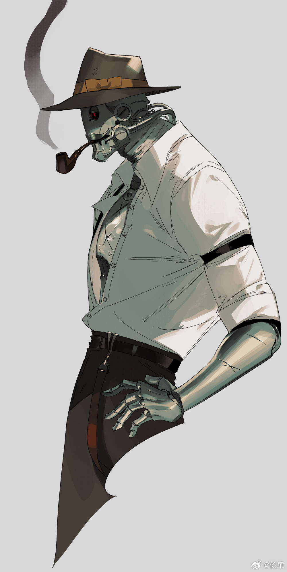 1boy, arknights, belt, brown_hat, brown_pants, clothed_robot, collared_shirt, commentary_request, cropped_legs, duplicate, facial_hair, fedora, from_side, grey_background, hand_on_own_hip, hat, highres, humanoid_robot, kaifei_(kaifei_29), male_focus, mustache, open_clothes, open_shirt, pants, red_eyes, robot, scar, scar_on_arm, scar_on_chest, shirt, shirt_tucked_in, simple_background, smoke, smoking_pipe, solo, tin_man_(arknights), white_shirt