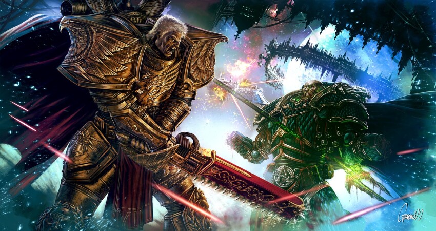 2boys, alpha_legion, alpharius, andrea_guardino, armor, bald, battle, breastplate