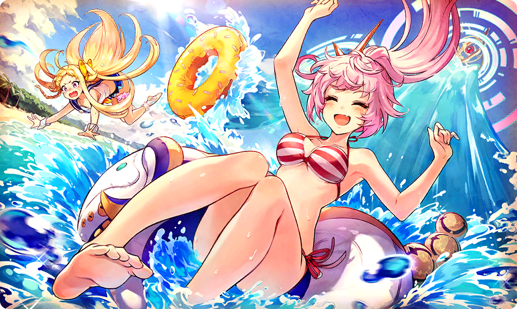 2girls, arm_up, barefoot, beach, bikini, blonde_hair, blue_sky, bow, braid, closed_eyes, commentary, day, donut_innertube, fang, floating_hair, hair_bow, hand_up, innertube, light_blush, long_hair, magic_circle, mielikki_(ta_ga_tame_no_alchemist), mira_(ta_ga_tame_no_alchemist), multicolored_bikini, multiple_girls, ocean, official_art, on_innertube, outdoors, ponytail, purple_eyes, red_bikini, sailor_bikini, sailor_collar, skin_fang, sky, smile, striped_bikini, striped_clothes, swim_ring, swimsuit, ta_ga_tame_no_alchemist, tearing_up, thigh_strap, third-party_source, two-tone_bikini, water_slide, yellow_bow