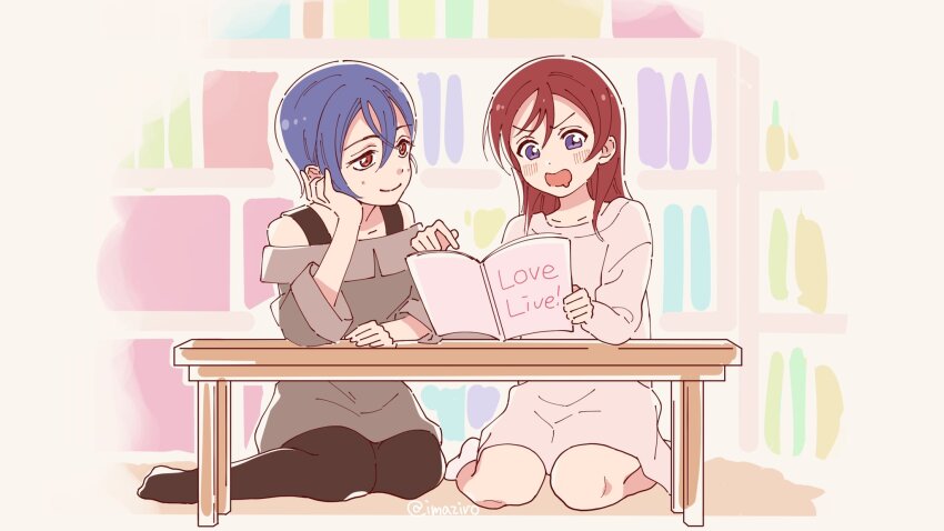 2girls, :d, arm_support, black_pantyhose, blue_eyes, blush, book, bookshelf, closed_mouth, collarbone, commentary_request, dress, drooling, grey_dress, hair_down, head_rest, highres, holding, holding_book, imamura_(imaziro), long_hair, long_shirt, long_sleeves, looking_at_another, love_live!, love_live!_superstar!!, mouth_drool, multiple_girls, no_shoes, off-shoulder_dress, off_shoulder, open_book, open_mouth, orange_eyes, pantyhose, purple_eyes, reading, red_hair, shirt, short_hair, sitting, three-quarter_sleeves, smile, socks, split_mouth, table, twitter_username, v-shaped_eyebrows, wakana_shiki, white_shirt, white_socks, yokozuwari, yoneme_mei