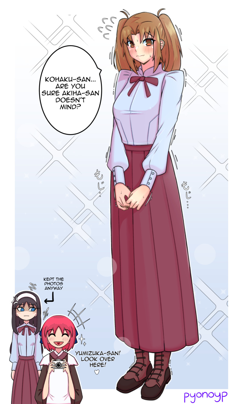 3girls, alternate_costume, anger_vein, antenna_hair, arrow_(symbol), artist_name, black_hair, blue_eyes, blue_ribbon, blue_shirt, blush, brown_eyes, brown_footwear, brown_hair, brown_kimono, camera, chibi, closed_eyes, closed_mouth, commentary, cosplay, d0gduk, english_commentary, english_text, fang, flying_sweatdrops, full_body, hair_ribbon, hairband, highres, holding, holding_camera, japanese_clothes, kimono, kohaku_(tsukihime), long_hair, looking_at_viewer, maid, multiple_girls, neck_ribbon, open_mouth, own_hands_together, parted_bangs, red_ribbon, red_skirt, ribbon, shirt, short_hair, simple_background, skin_fang, skirt, smile, tohno_akiha, toono_akiha_(cosplay), tsukihime, wa_maid, white_background, white_hairband, yumizuka_satsuki