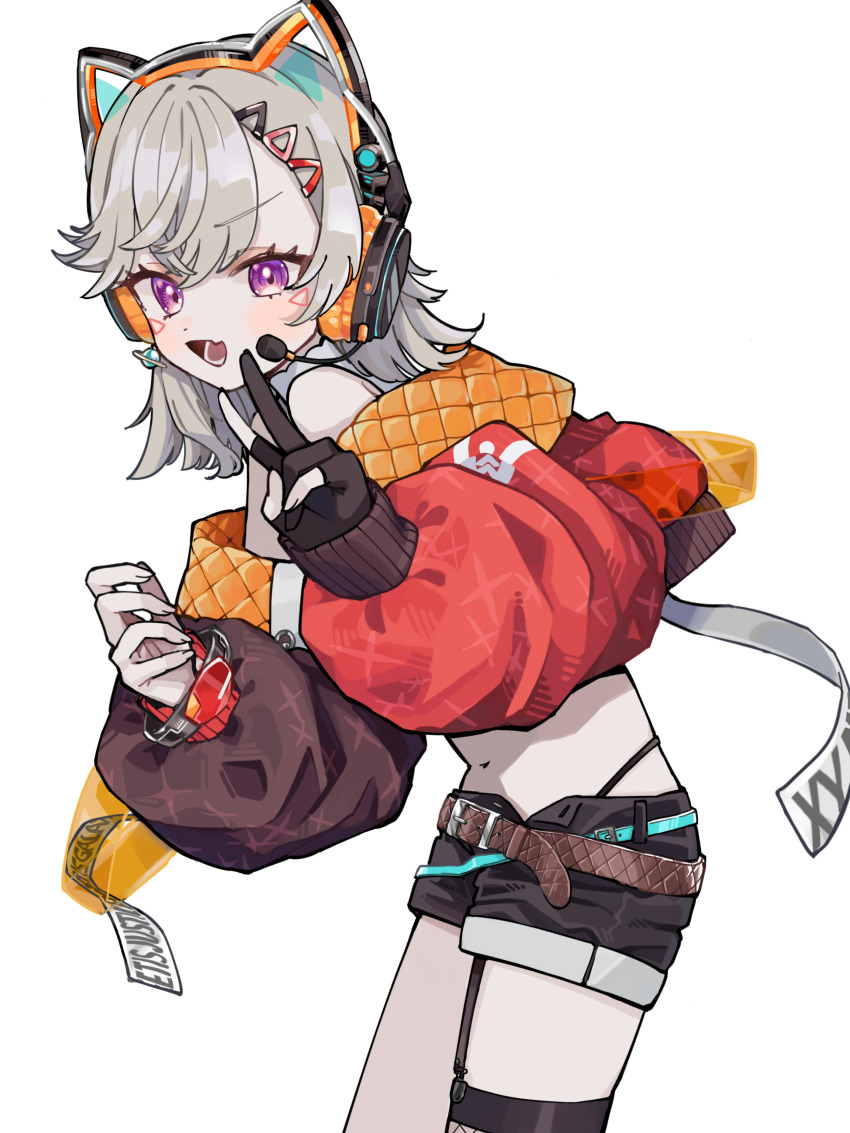 1girl, absurdres, animal_ear_headphones, animal_ears, belt, black_gloves, black_shorts, bomber_jacket