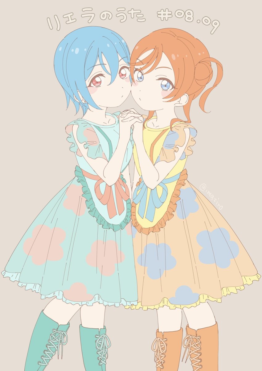 2girls, aqua_boots, blue_dress, blue_eyes, blue_hair, blush_stickers, boots, brown_background