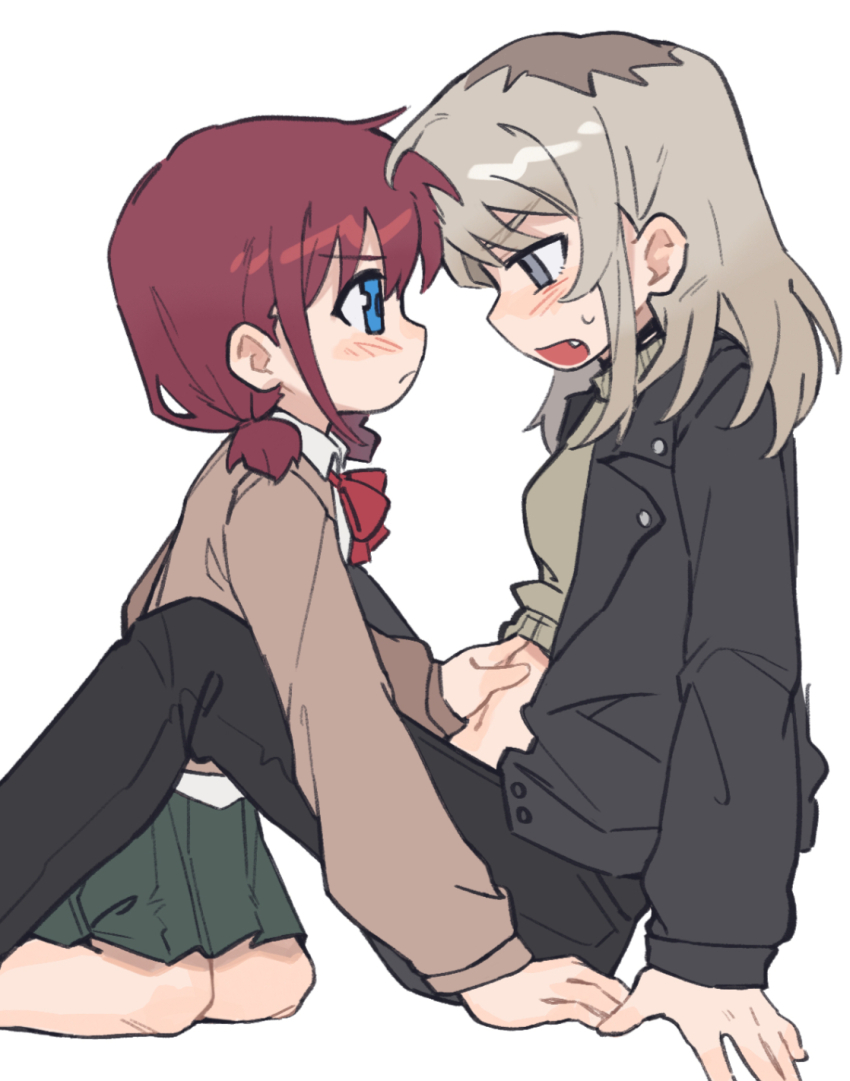 2girls, between_legs, black_jacket, black_pants, blush, brown_sweater, chinese_commentary, closed_mouth