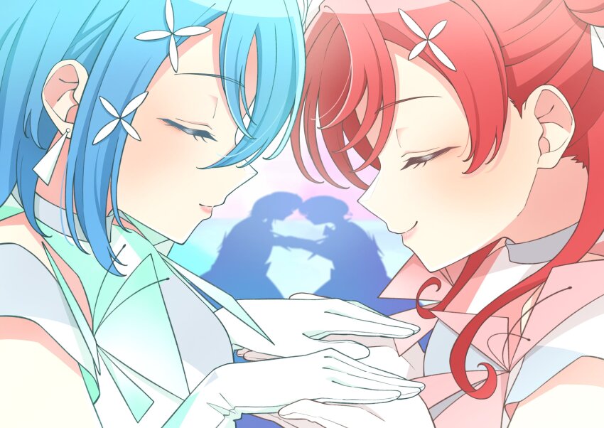 2girls, aqua_dress, blue_hair, closed_eyes, closed_mouth, commentary, crossed_bangs, dress