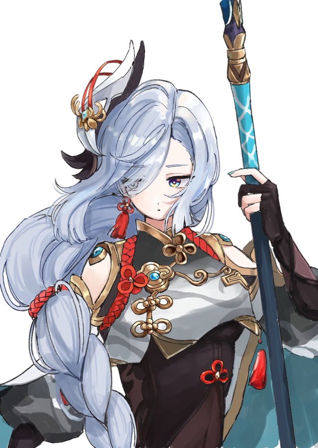 1girl, blue_nails, blunt_ends, bodysuit, clothing_cutout, commentary, cropped_shirt, curtained_hair