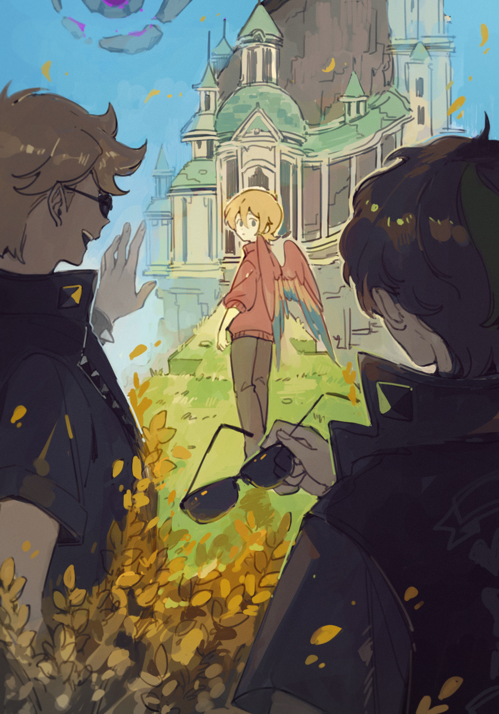 3boys, animification, bad_boys_(limited_life_smp), bird_boy, bird_wings, blonde_hair, brown_hair, castle