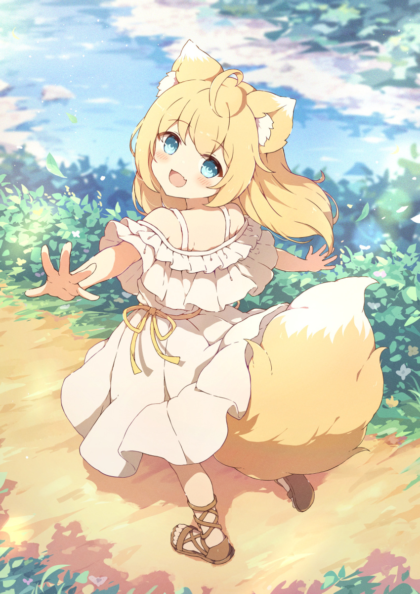 1girl, ahoge, animal_ear_fluff, animal_ears, blonde_hair, blue_eyes, blurry, blush