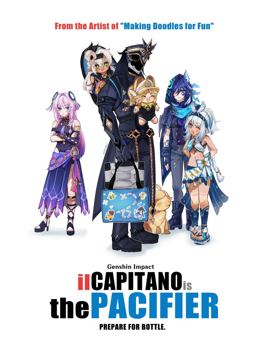 2boys, 4girls, absurdres, aged_down, animal_ear_fluff, animal_ears, antenna_hair, aqua_scarf