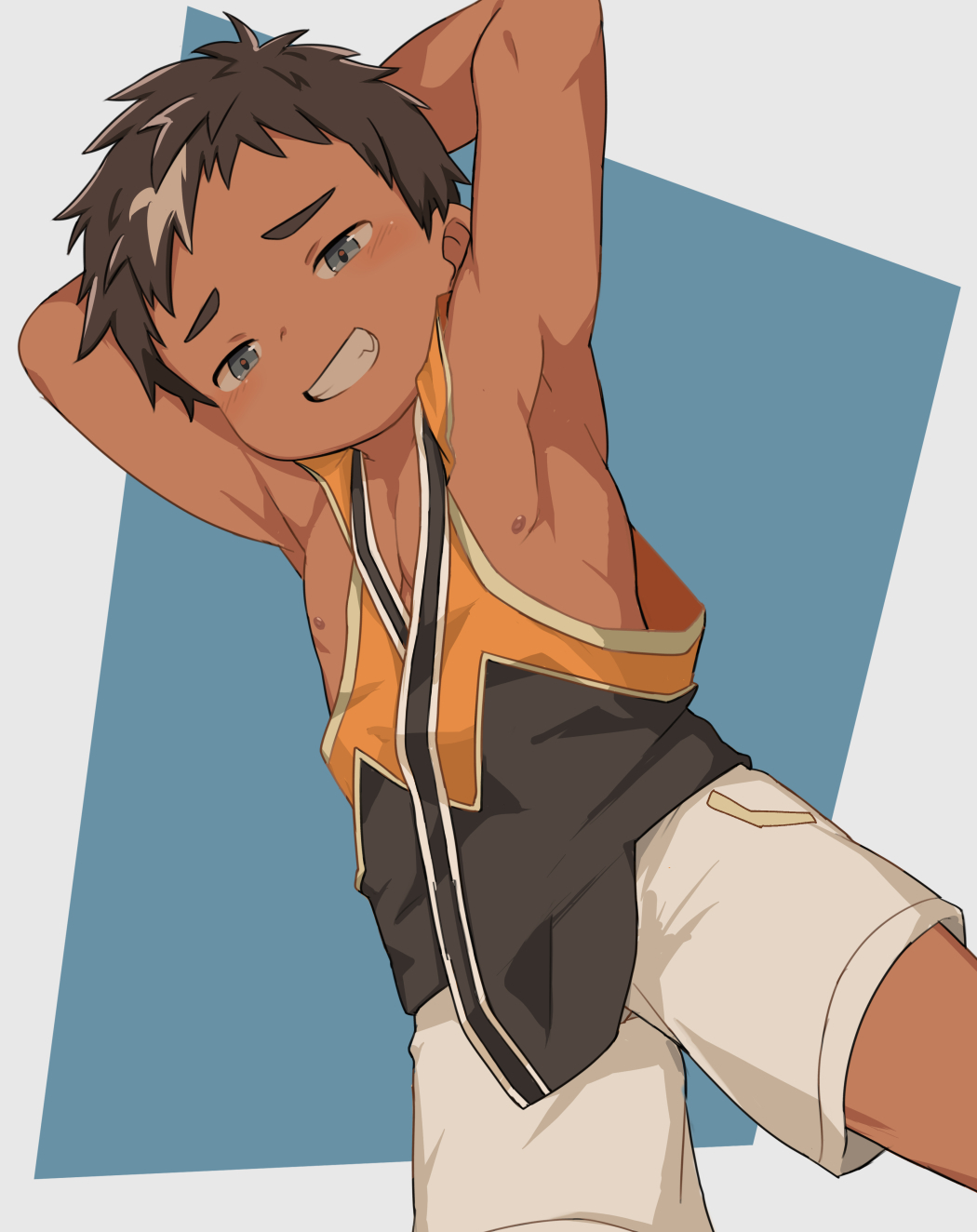 1boy, acnhiti, armpits, arms_behind_head, arms_up, blue_eyes, dark_skin, fang, highres, izu_(tamacolle), looking_at_viewer, male_focus, multicolored_hair, nipples, orange_shirt, shirt, shorts, shota, sleeveless, sleeveless_shirt, smile, streaked_hair, tamacolle, textless_version, white_shorts