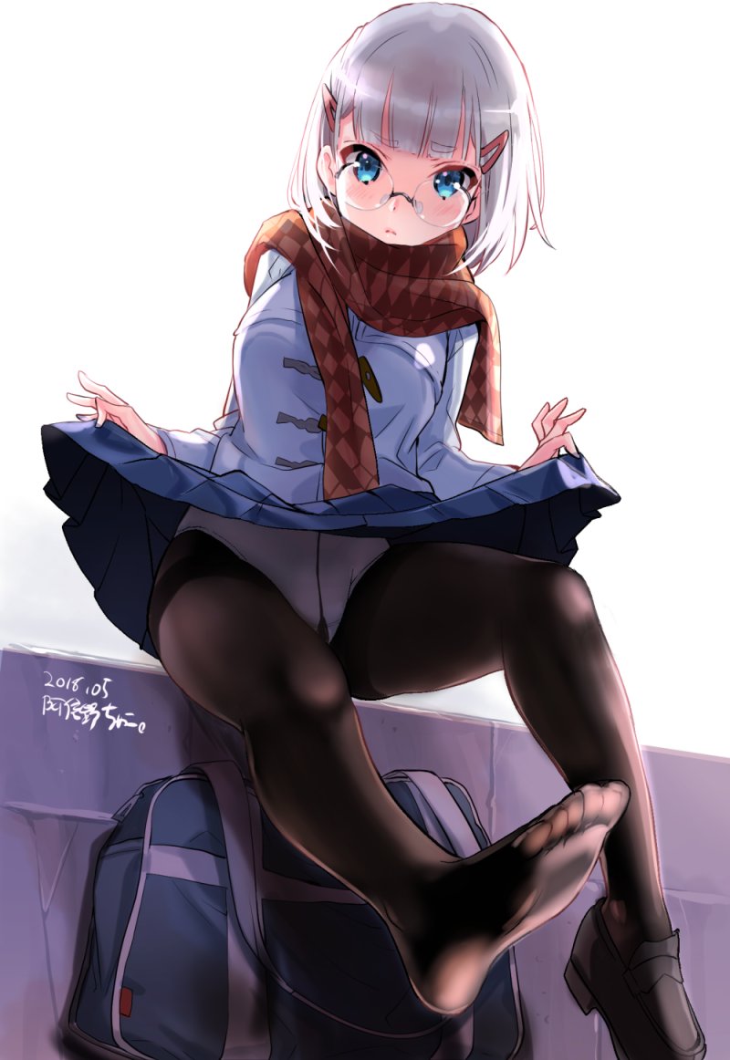 1girl, abeno_chako, artist_name, blue_eyes, closed_mouth, clothes_lift, commentary_request, crotch_seam