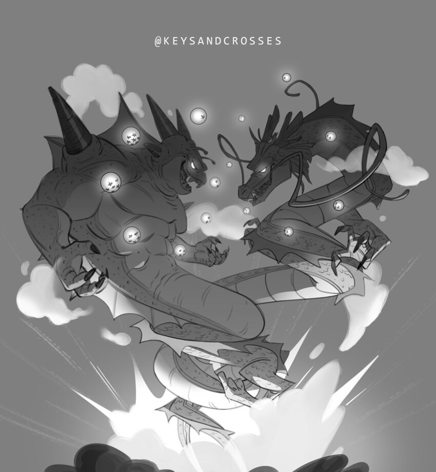 2boys, antlers, claws, commentary, dragon, dragon_ball, dragon_ball_(object), dragonball_z