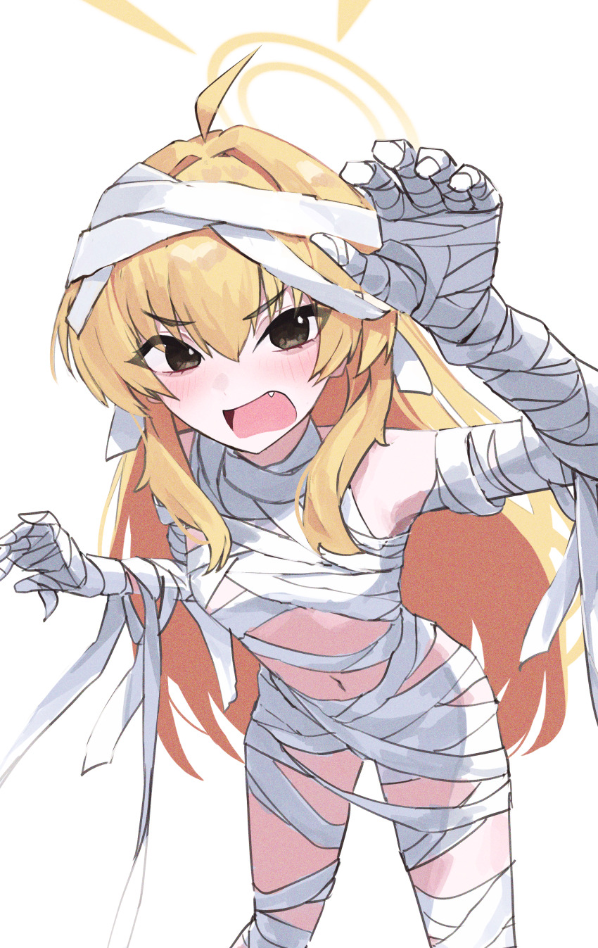 1girl, absurdres, ahoge, arm_up, bandaged_arm, bandaged_leg, bandages, blonde_hair