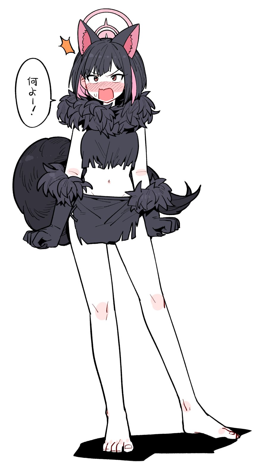 1girl, absurdres, angry, animal_ears, barefoot, black_gloves, black_hair, blue_archive, blush, cat_ears, colored_inner_hair, embarrassed, extra_ears, full_body, fur-trimmed_gloves, fur_collar, fur_trim, gloves, halloween_costume, halo, highres, kazusa_(blue_archive), kazusa_(halloween)_(blue_archive), multicolored_hair, navel, pink_hair, pink_halo, revealing_clothes, short_hair, simple_background, solo, tail, translation_request, white_background, wujurana