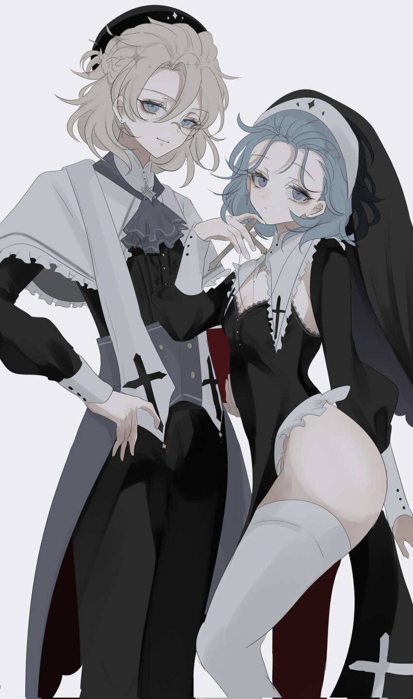 1boy, 1girl, albedo_(genshin_impact), beret, black_dress, black_jacket, black_pants, blonde_hair