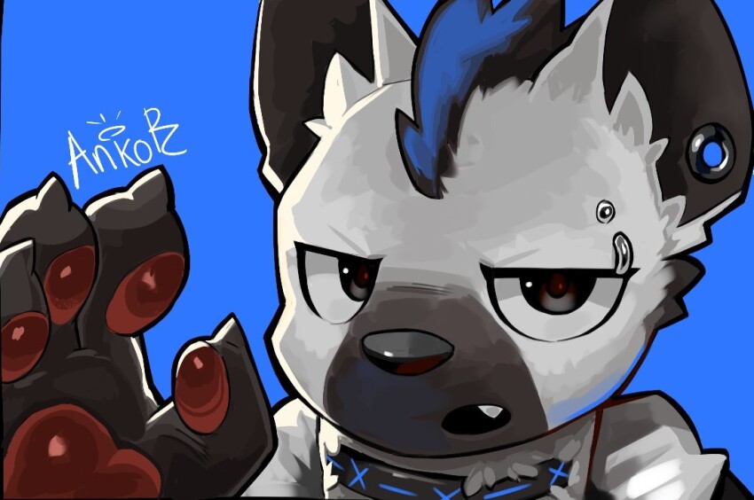 1boy, animal_ear_fluff, ankorthewolf, arknights, artist_name, black_eyes, black_hair, blue_background