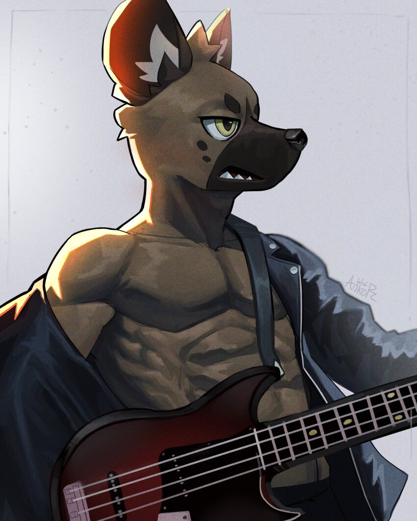 1boy, abs, aggressive_retsuko, animal_ear_fluff, ankorthewolf, artist_name, bara, bare_pectorals, bass_guitar, black_jacket, border, brown_fur, collarbone, commentary, animal_nose, english_commentary, fangs, furry, furry_male, haida_(aggretsuko), highres, hyena_boy, hyena_ears, instrument, jacket, leather, leather_jacket, looking_to_the_side, male_focus, muscular, muscular_male, navel, open_mouth, partially_undressed, pectorals, shoulder_strap, signature, simple_background, spotted_fur