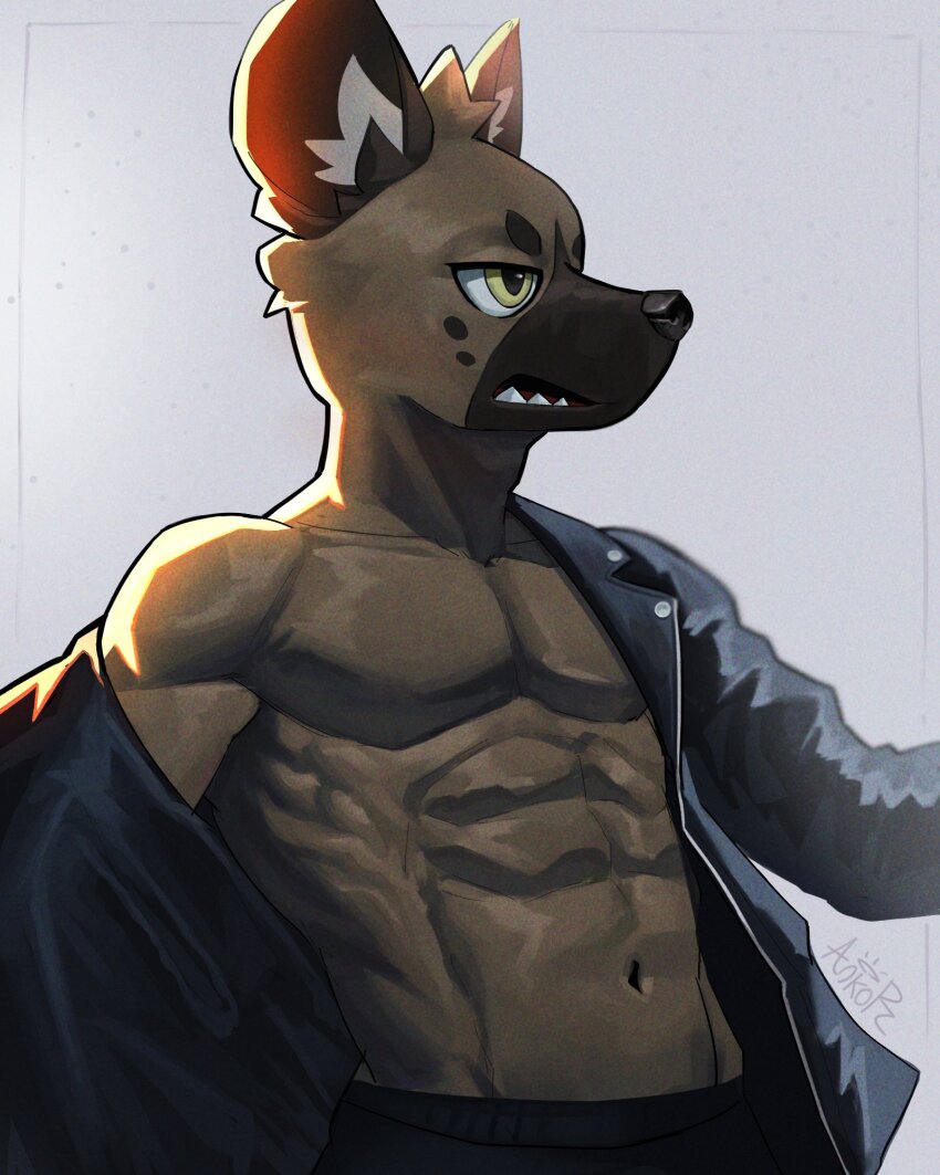 1boy, abs, aggressive_retsuko, animal_ear_fluff, ankorthewolf, artist_name, bara, bare_pectorals