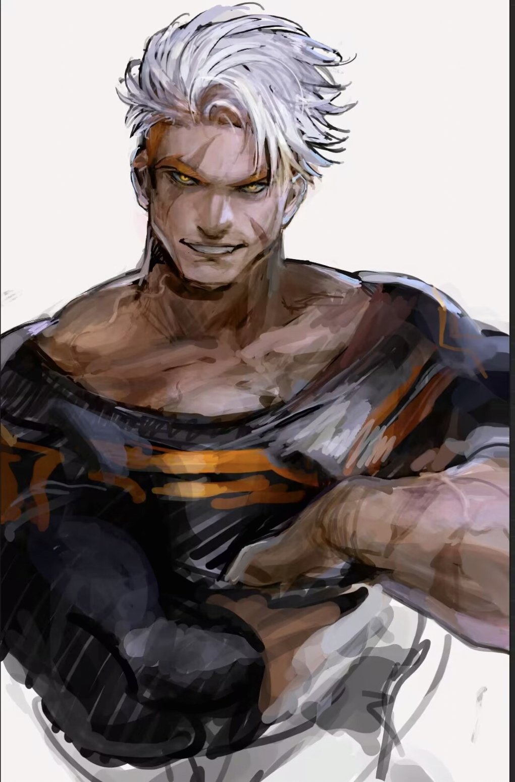 1boy, alsonotdon, alternate_color, alternate_skin_color, commentary, crew_neck, crossed_arms, facial_scar