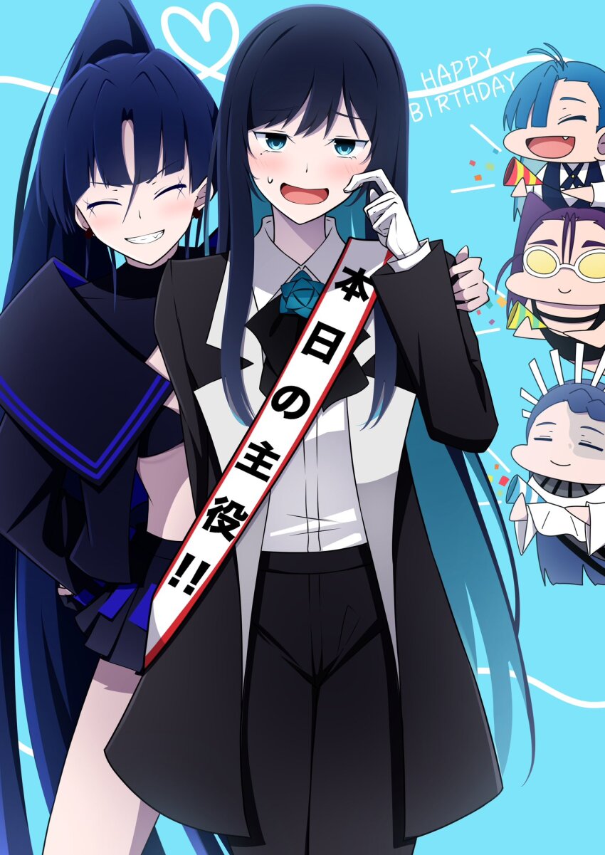 5girls, ado_(utaite), bikini, birthday_cake, black_bikini, black_coat, black_gloves, black_hair