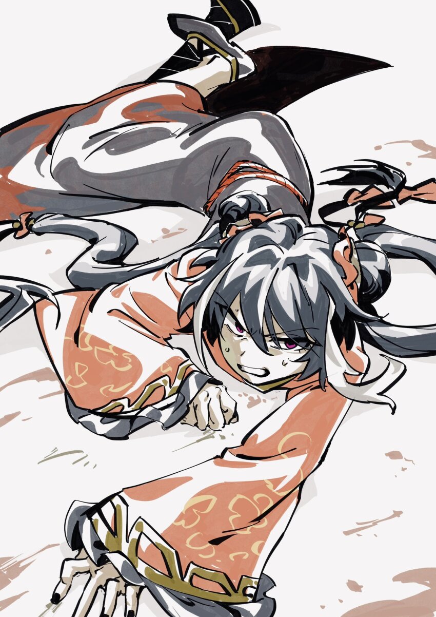 1girl, black_dress, black_footwear, black_hair, black_nails, black_socks, chinese_clothes, clenched_teeth