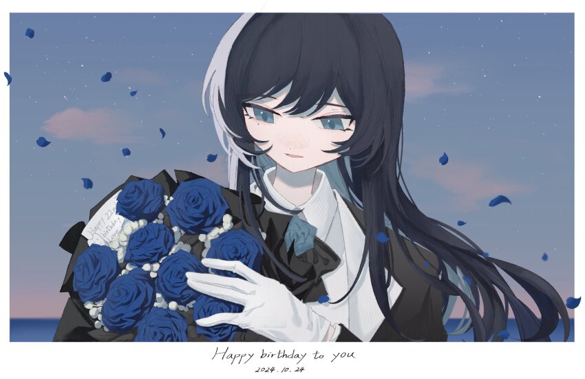 1girl, absurdres, ado_(utaite), blue_eyes, blue_flower, blue_hair, blue_rose, border