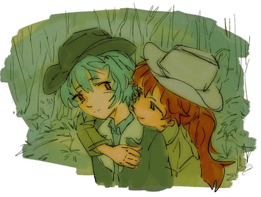 2girls, ayanami_rei, blue_hair, blue_shirt, brokeback_mountain, clozaphim, cowboy_hat, hat, jacket, multiple_girls, neon_genesis_evangelion, orange_hair, shirt, short_hair, smile, souryuu_asuka_langley, yuri