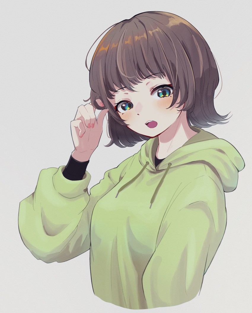 1girl, absurdres, brown_hair, cropped_torso, green_eyes, highres, hood, hoodie