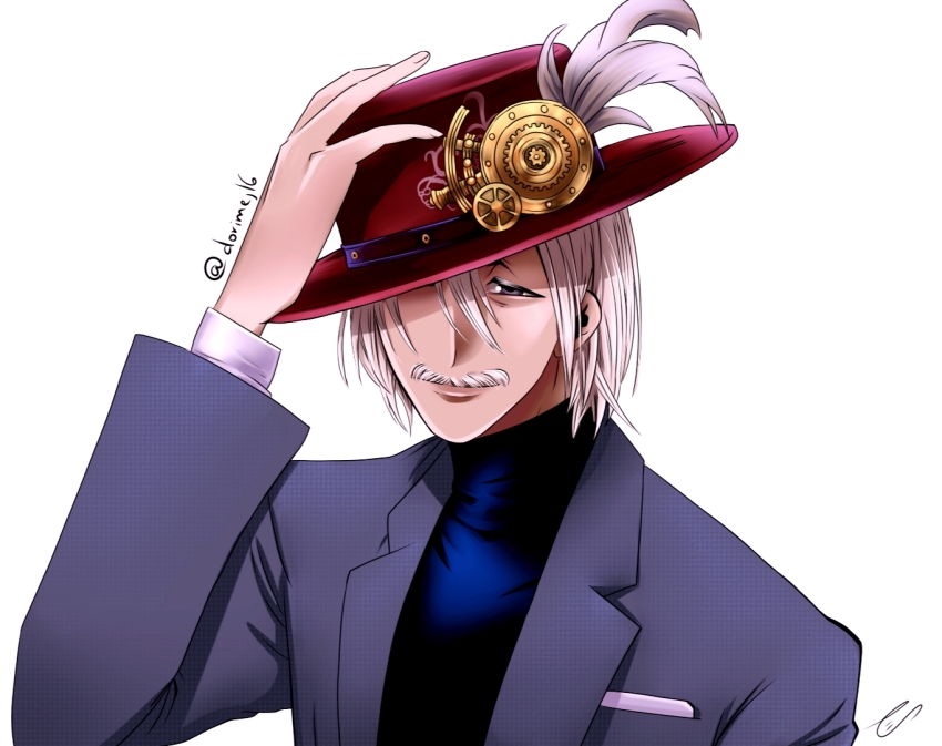 1boy, blue_shirt, facial_hair, formal_clothes, gear_hat_ornament, gears, grey_eyes, grey_hair