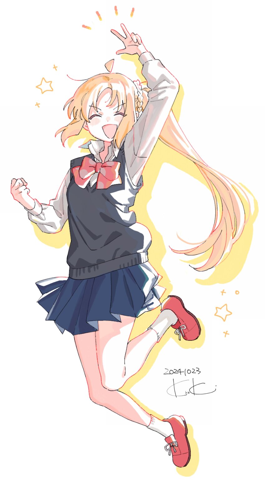 1girl, :d, ^_^, absurdres, ahoge, arm_up, black_sweater_vest, blonde_hair