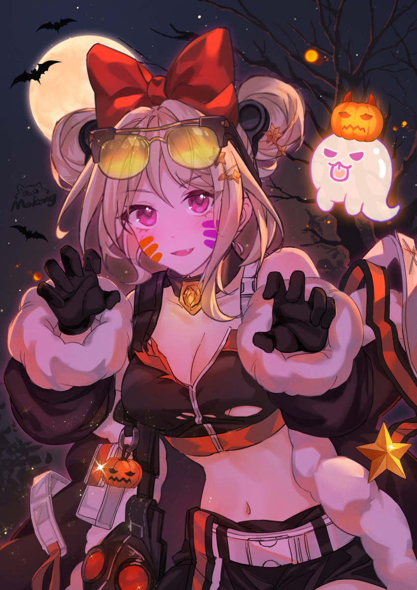 1girl, absurdres, bare_tree, bat_(animal), black_gloves, black_jacket, bow, breasts