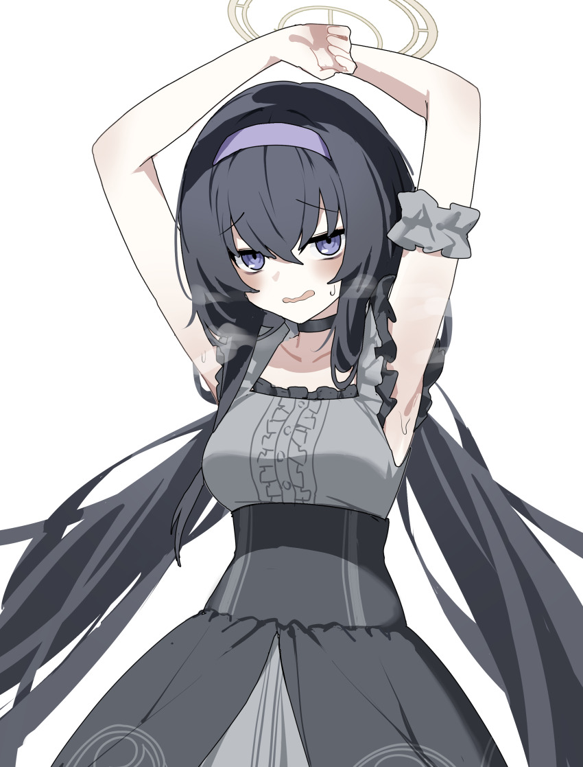1girl, absurdres, arm_scrunchie, armpits, arms_up, bags_under_eyes, black_choker, black_hair