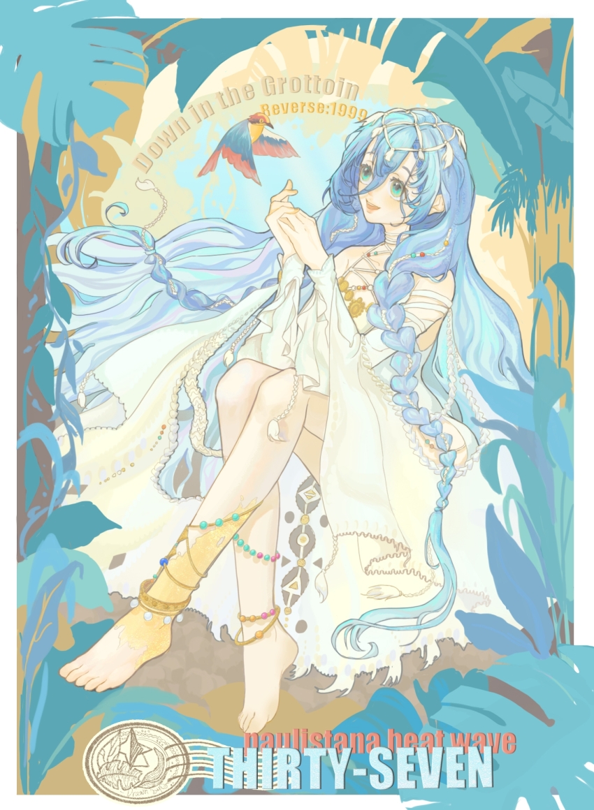 1girl, 37_(down_in_the_grotto)_(reverse:1999), 37_(reverse:1999), :d, anklet, bare_shoulders, barefoot, bird