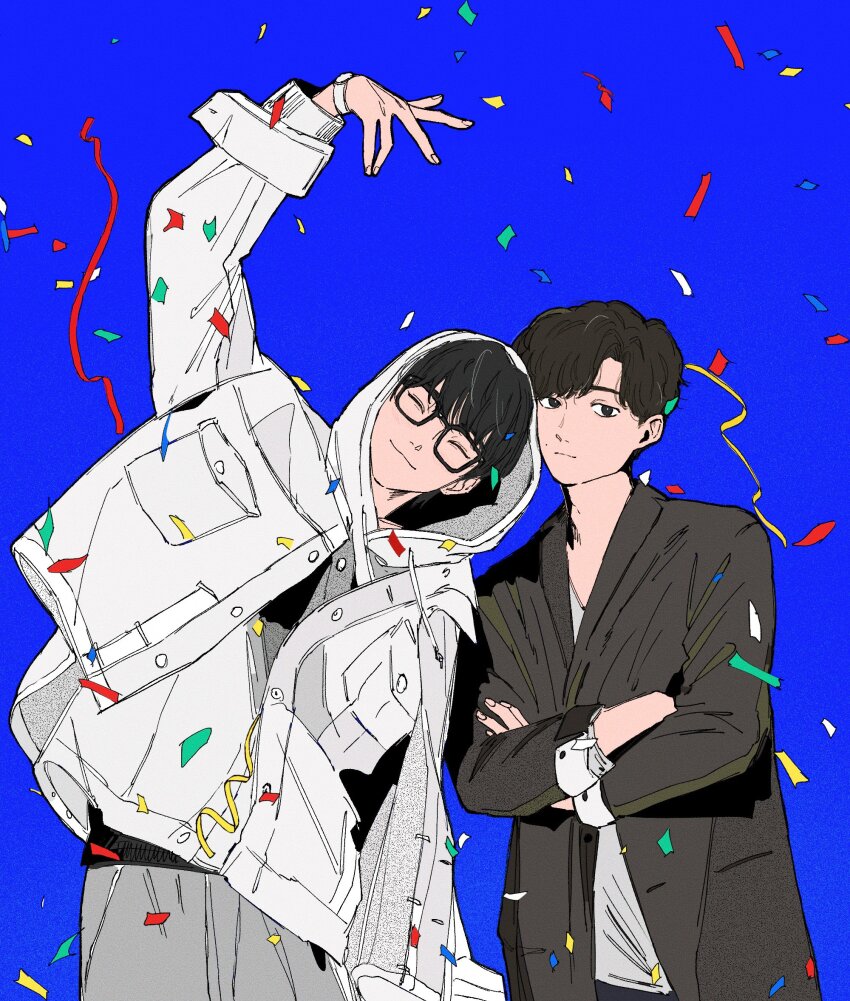 2boys, ^_^, arm_up, ayano_gou, black_hair, brown_hair, closed_eyes, closed_mouth