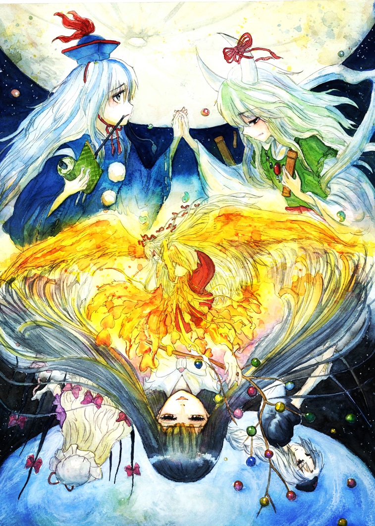 6+girls, alternate_costume, bird, black_hair, blue_hair, bow_(weapon), branch, dual_persona, earth_(planet), ex-keine, female_focus, fire, fujiwara_no_mokou, full_moon, green_hair, hat, holding_hands, horns, houraisan_kaguya, japanese_clothes, jeweled_branch_of_hourai, kamishirasawa_keine, long_hair, moon, multiple_girls, night, phoenix, planet, sada_noriko, scroll, sky, touhou, upside-down, weapon, white_hair, yagokoro_eirin, yakumo_yukari