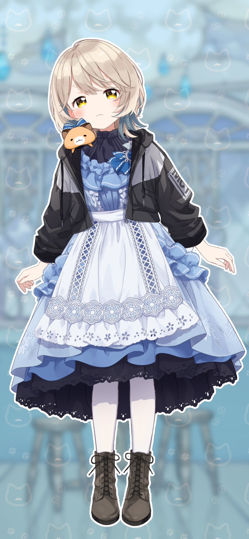 1girl, :c, ankle_boots, apron, black_jacket, blue_bow, blue_dress, blue_hair