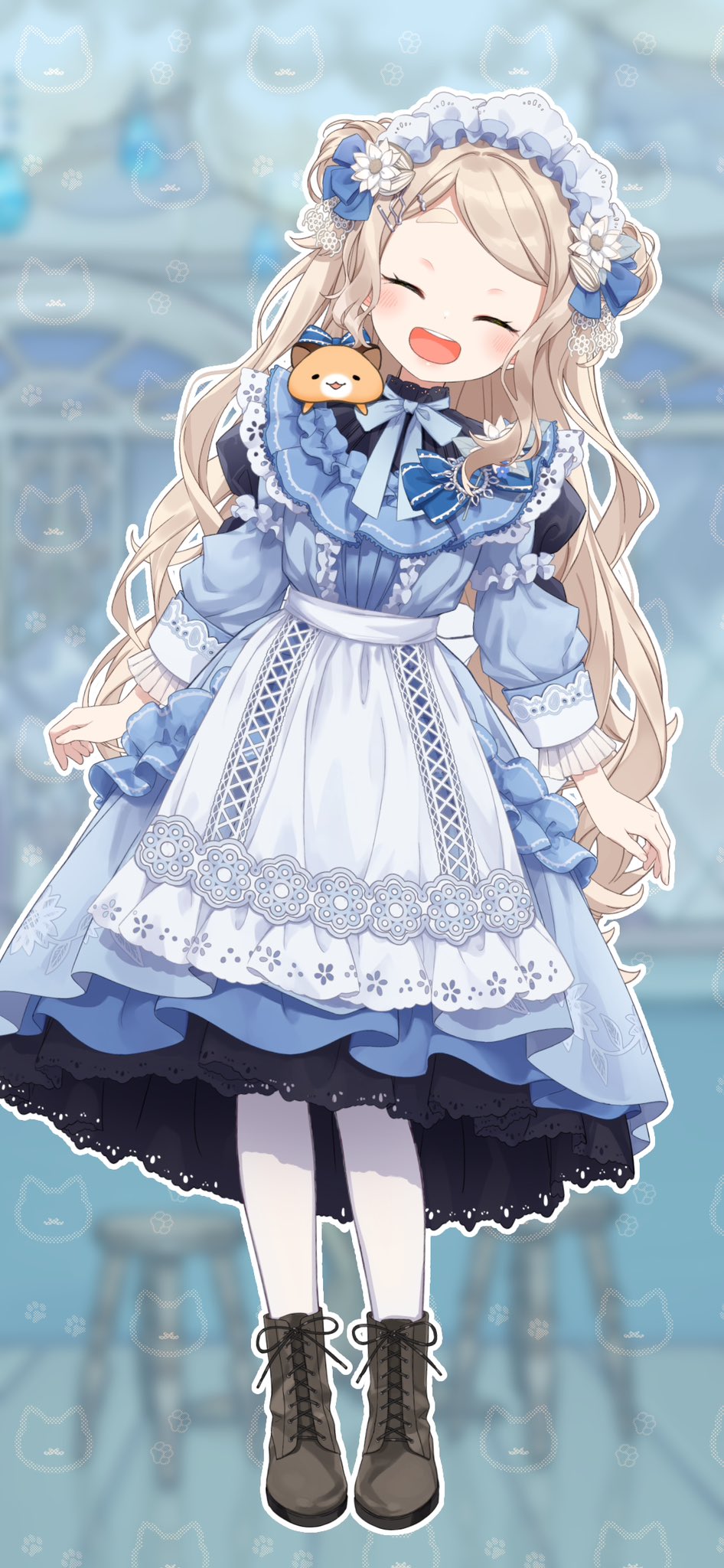 1girl, ankle_boots, apron, asymmetrical_sidelocks, blue_bow, blue_dress, blue_hairband, blurry