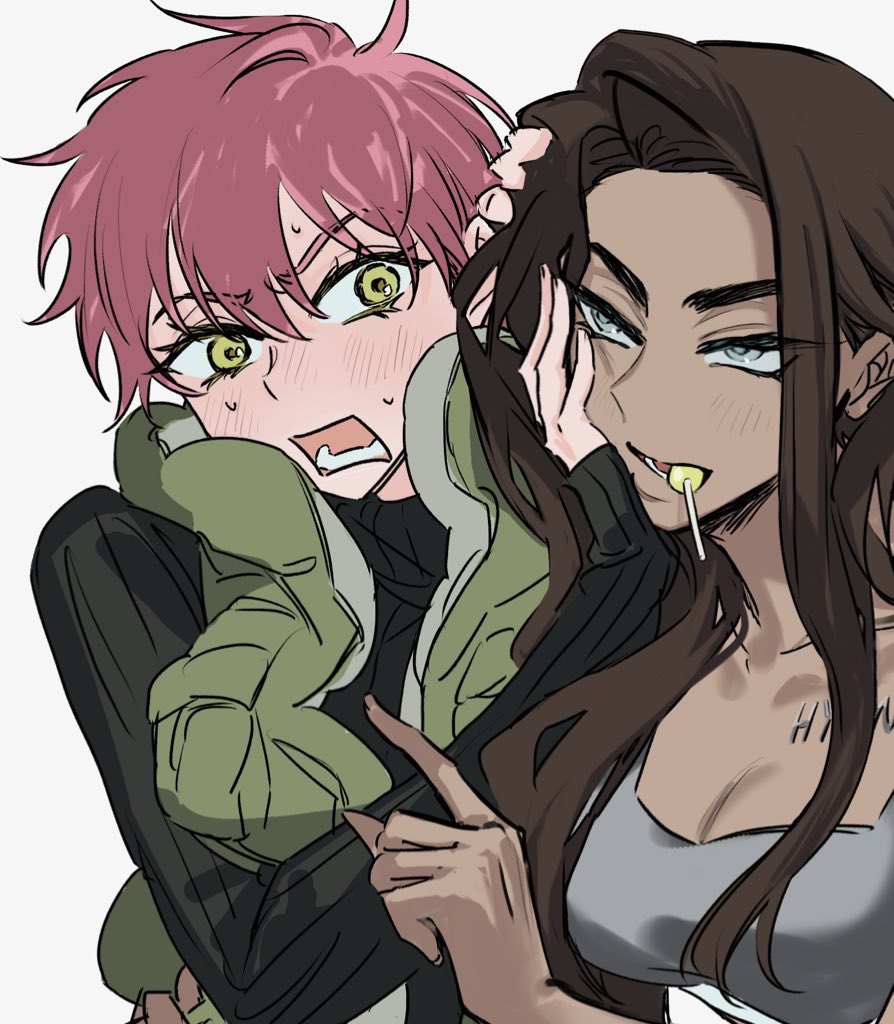 2girls, alien_stage, black_shirt, blush, breasts, brown_hair, candy, cleavage