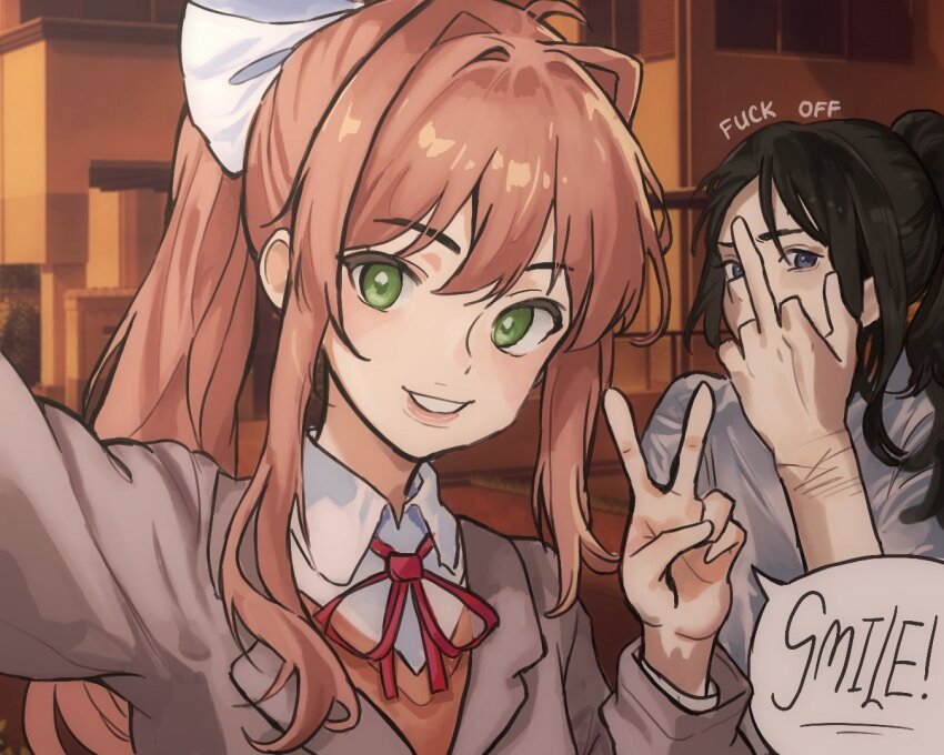 2girls, black_hair, bow, brown_jacket, class_of_09, collared_shirt, covering_face, crossover