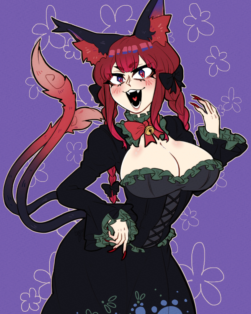 1girl, absurdres, animal_ears, black_dress, bow, bowtie, braid, breasts