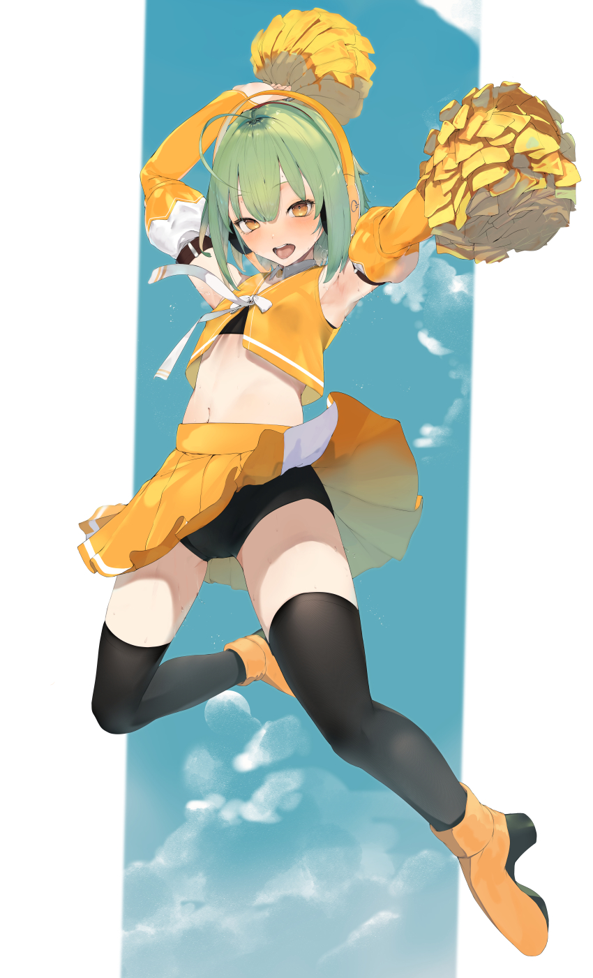 1girl, absurdres, armpits, arms_up, bare_shoulders, bike_shorts, bike_shorts_under_skirt, black_bra