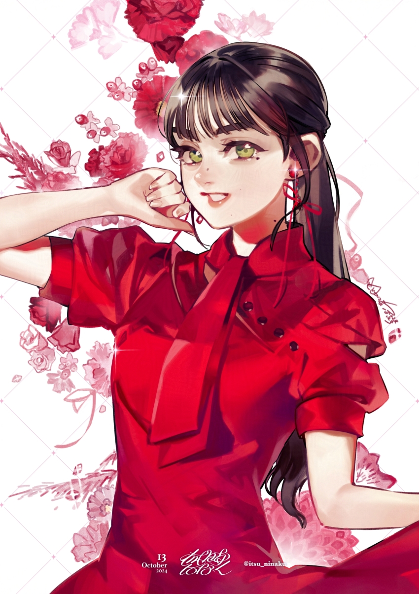 absurdres, brown_hair, dress, floral_background, green_eyes, highres, idol, itsu_ninaku