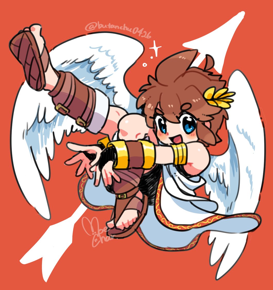 1boy, :d, ahoge, androgynous, angel, angel_wings, armlet, arrow_(symbol)